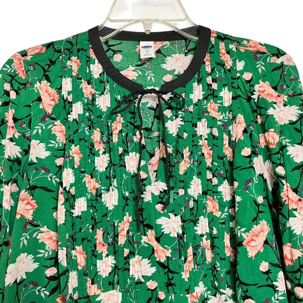 Old Navy Green Floral Pintuck Tie Neck Long‎ Sleeve Blouse Top Women's XS (3120)